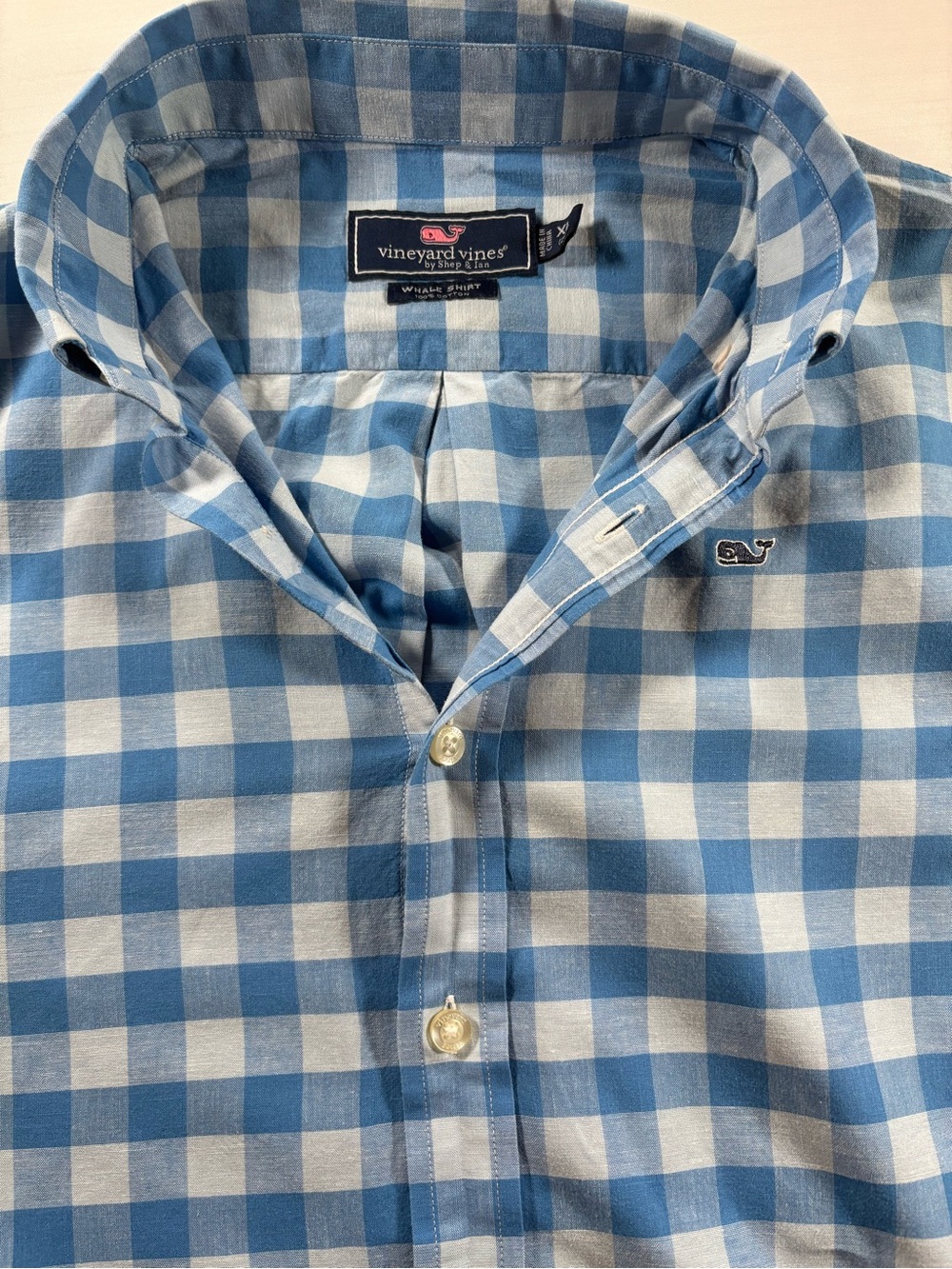 Vineyard Vines Boys XL (20) Light Blue Gingham Whale Button Down Shirt